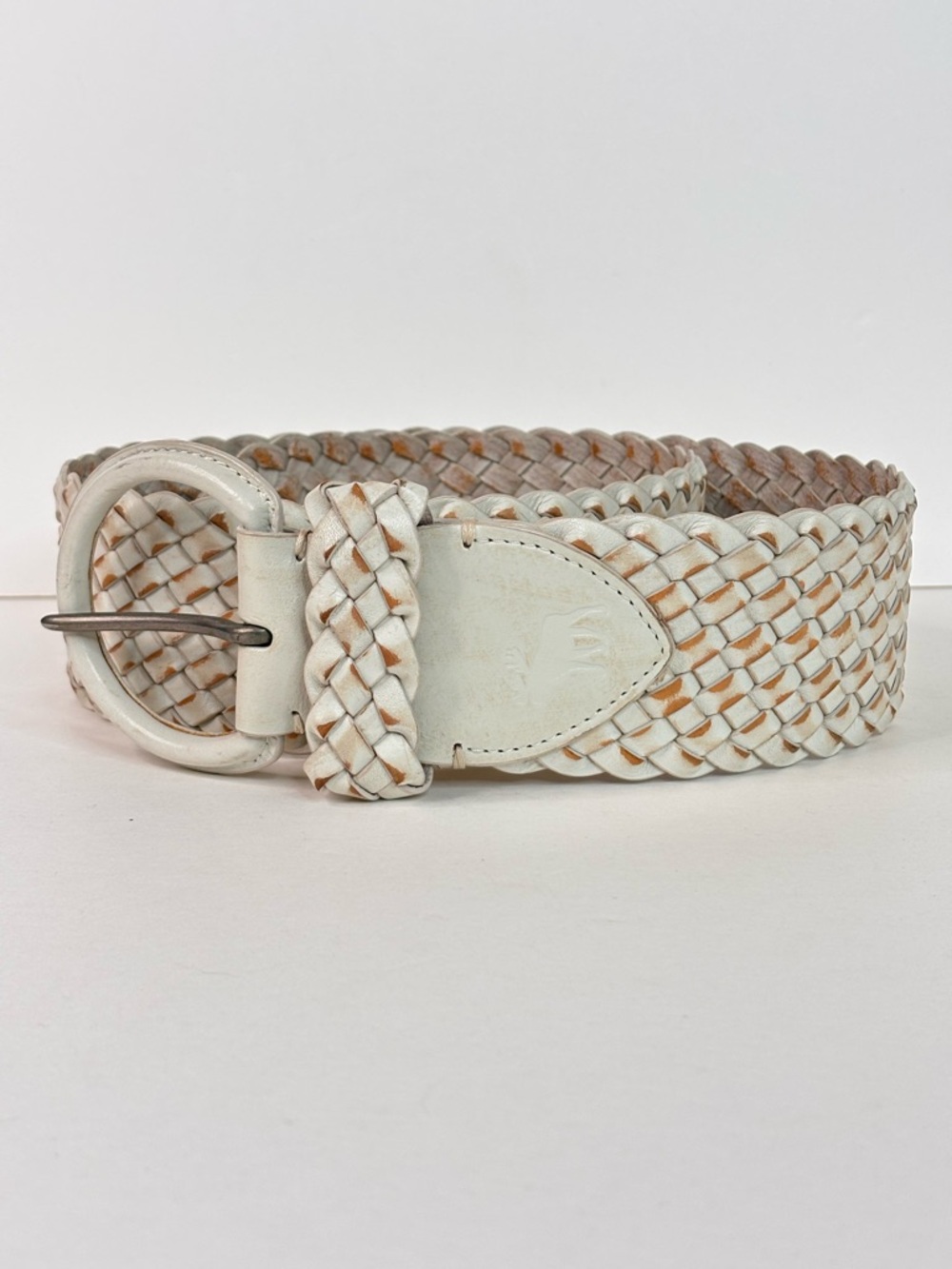 Wide Leather Abercrombie & Fitch VTG Braided Cream Beige Rustic Belt Oval Buckle - Picture 7 of 11
